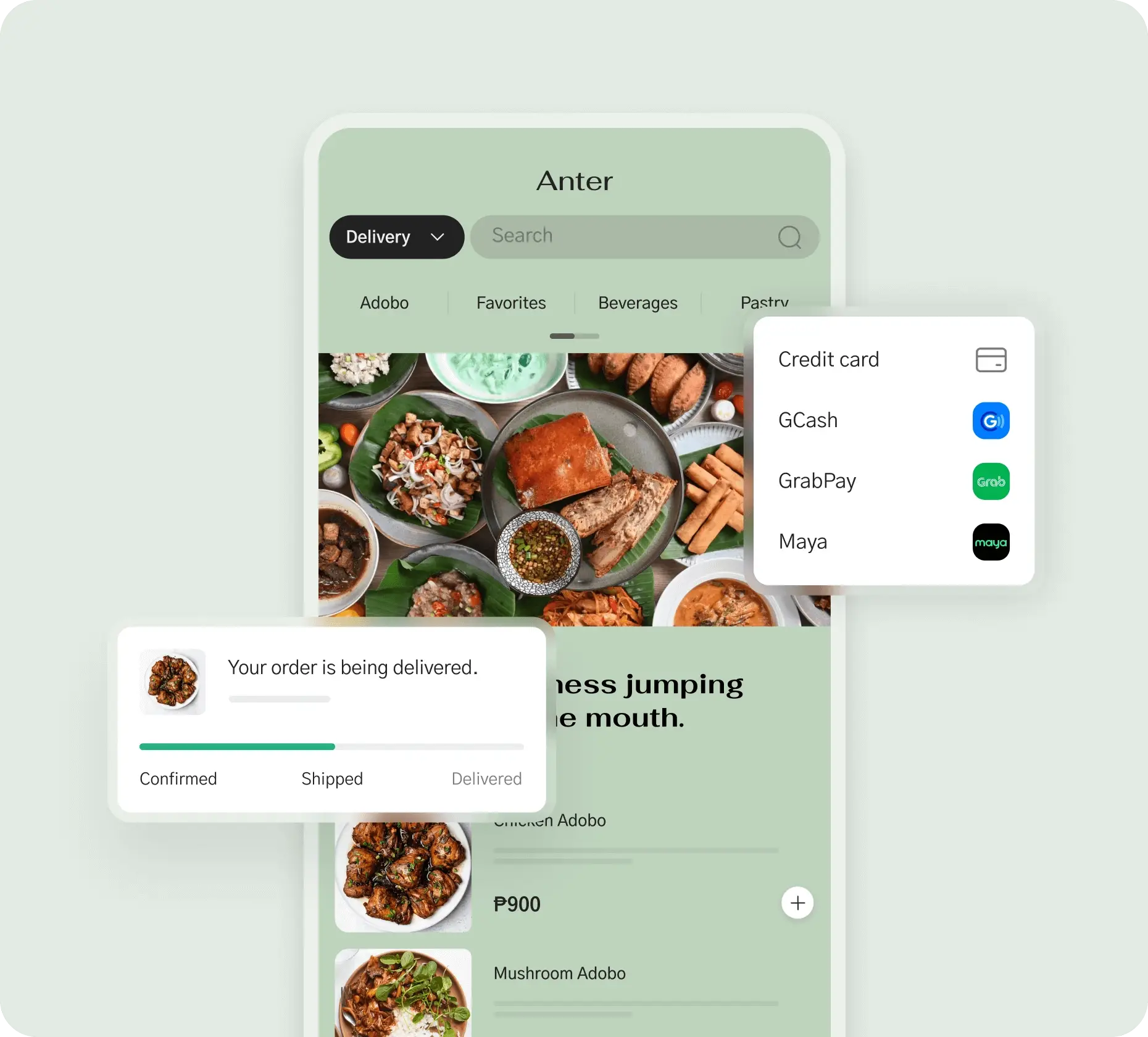 Mobile Interface Sample of an Online Restaurants with Order and Payment Boxes