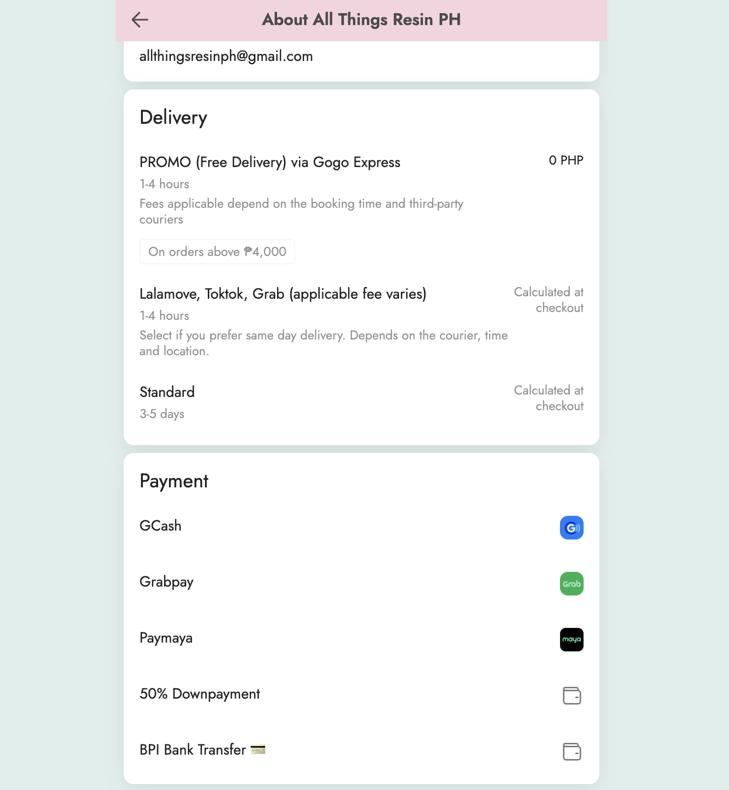 All Things Resin Delivery and Payment Interface Sample