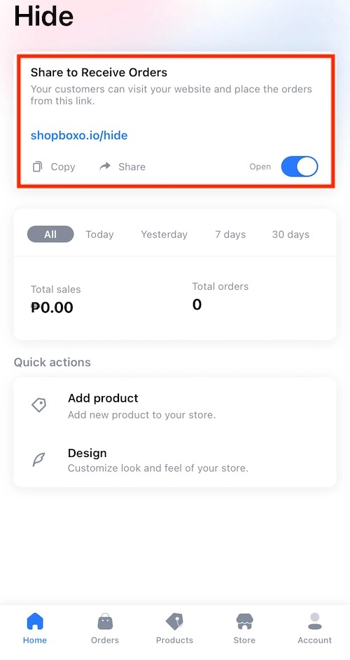 Online store interface sample to show store URL link and how to share it